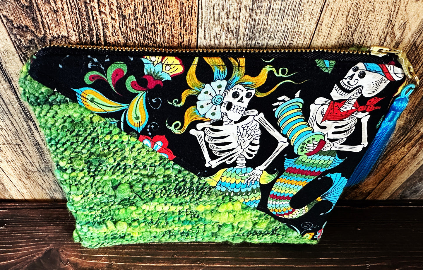 Skeleton Merfolk with Handwoven Wool Zipper Bag