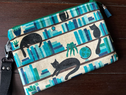 Black Cats and the Library Small Double Zipper Clutch and E-Reader Pouch