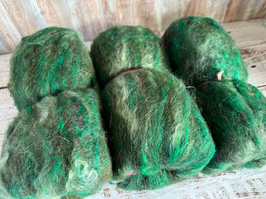 Mohair, Shetland/Southdown Wool, and Sari Silk Art Batt for Spinning or Felting ~ Earth Day