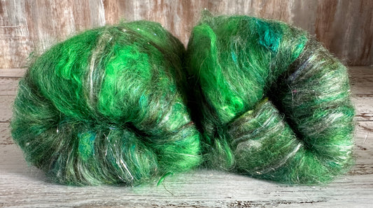 Mohair, Merino Wool, Mint, Sari Silk Art Batt for Spinning or Felting ~ Ribbon Snake