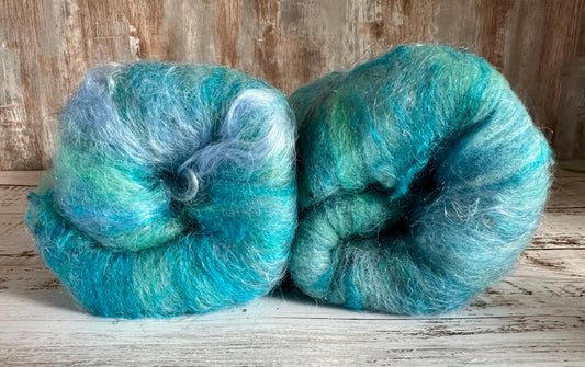 Mohair, Merino Wool, Sari Silk Art Batt for Spinning or Felting ~ Blue Burst