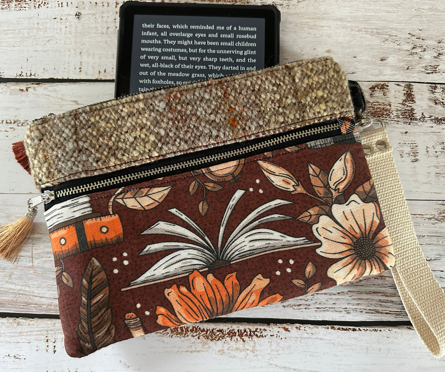 Literary Harvest Double Zipper Clutch~ Perfect for E-Readers