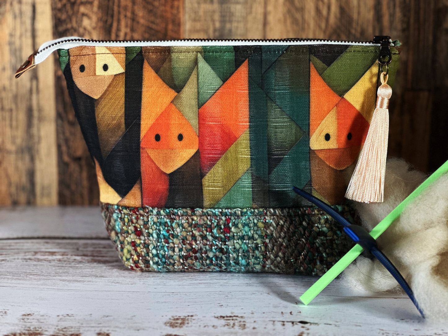 Abstract Foxes & Woven Wool Small Open Wide Bag