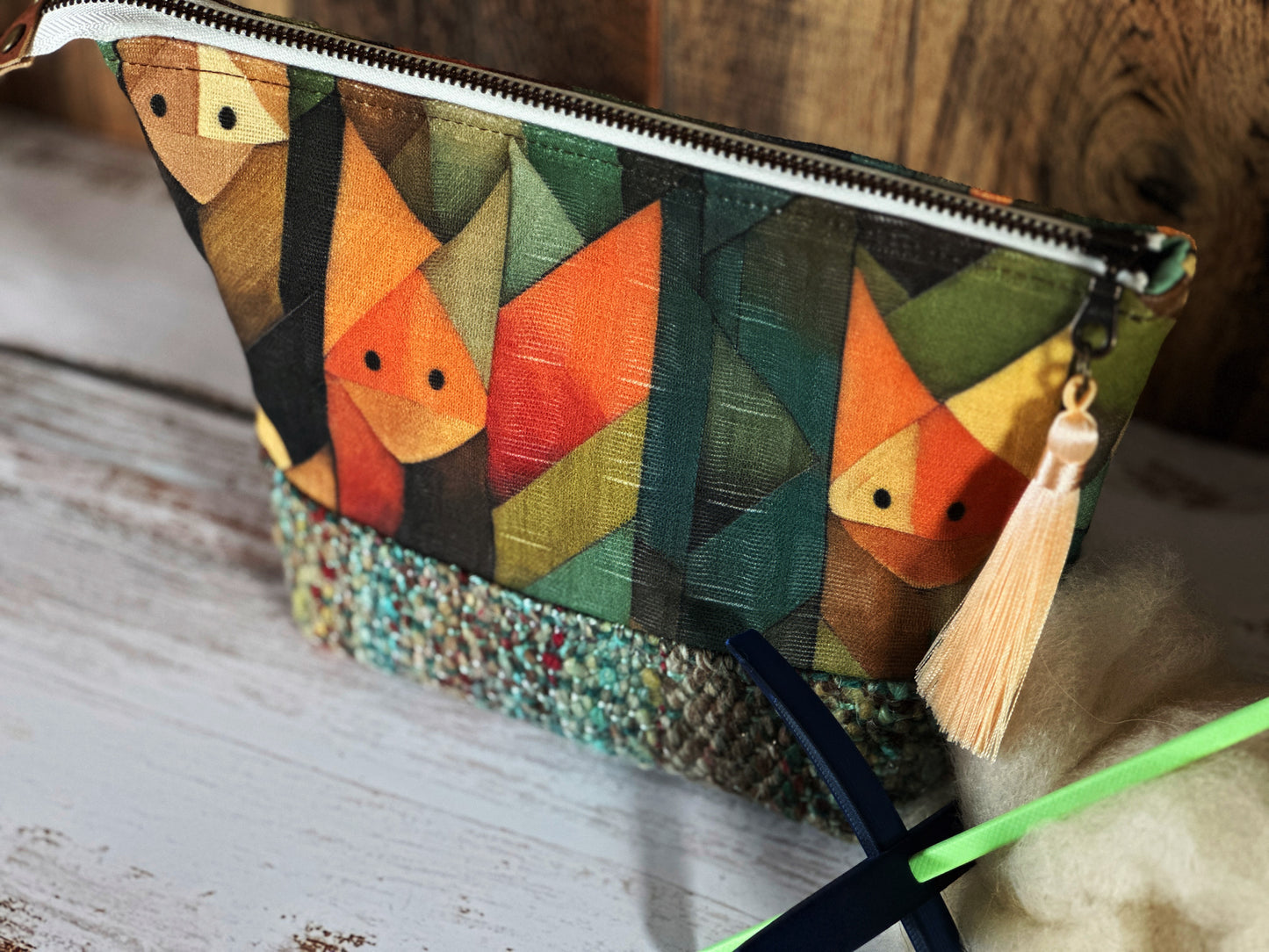 Abstract Foxes & Woven Wool Small Open Wide Bag