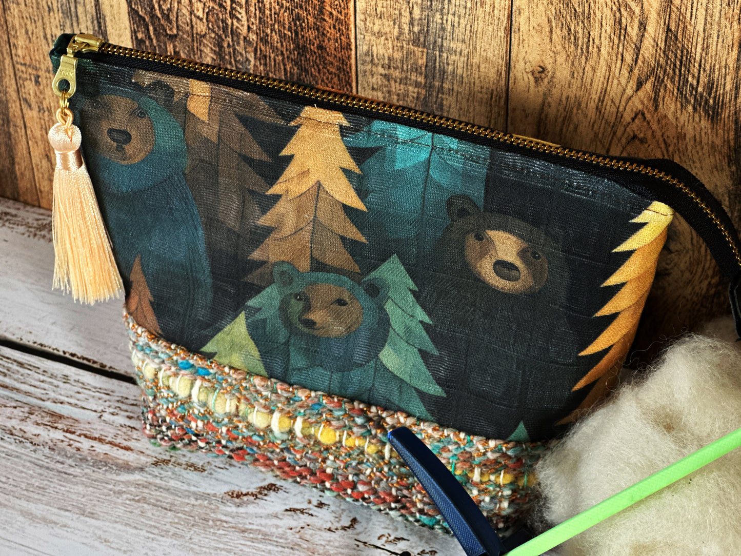 Bears in the Woods & Woven Wool Small Open Wide Bag