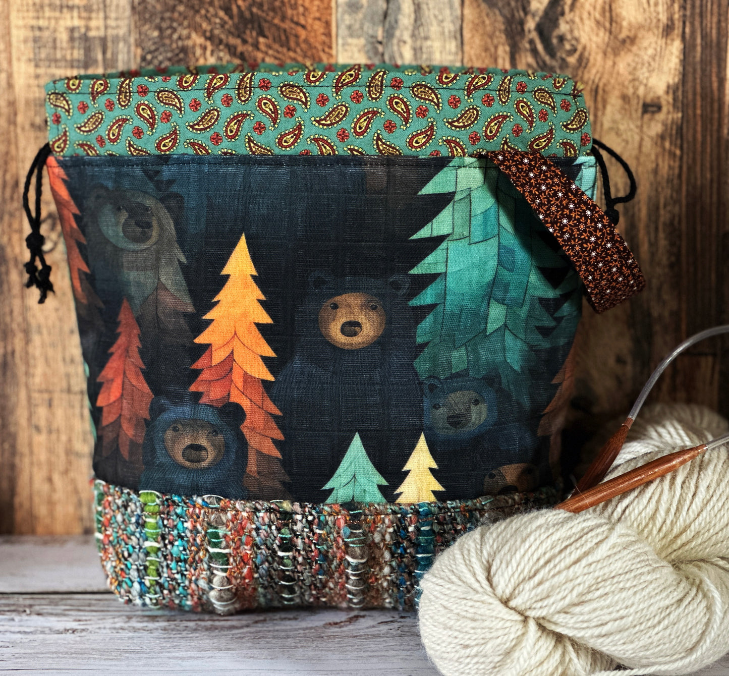 Bears in the Woods with Handwoven Wool Medium Project Bag