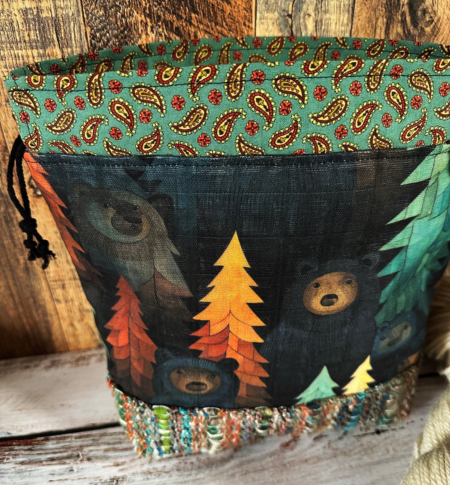 Bears in the Woods with Handwoven Wool Medium Project Bag