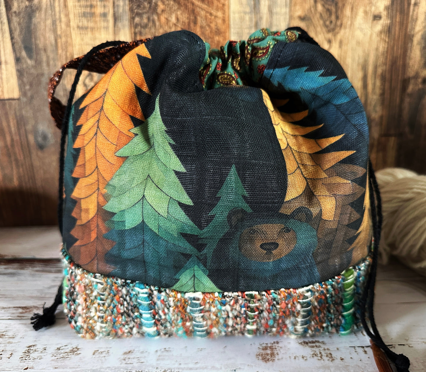 Bears in the Woods with Handwoven Wool Medium Project Bag