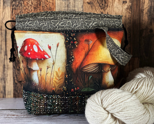 Toadstool Mushrooms with Handwoven Wool Small Project Bag