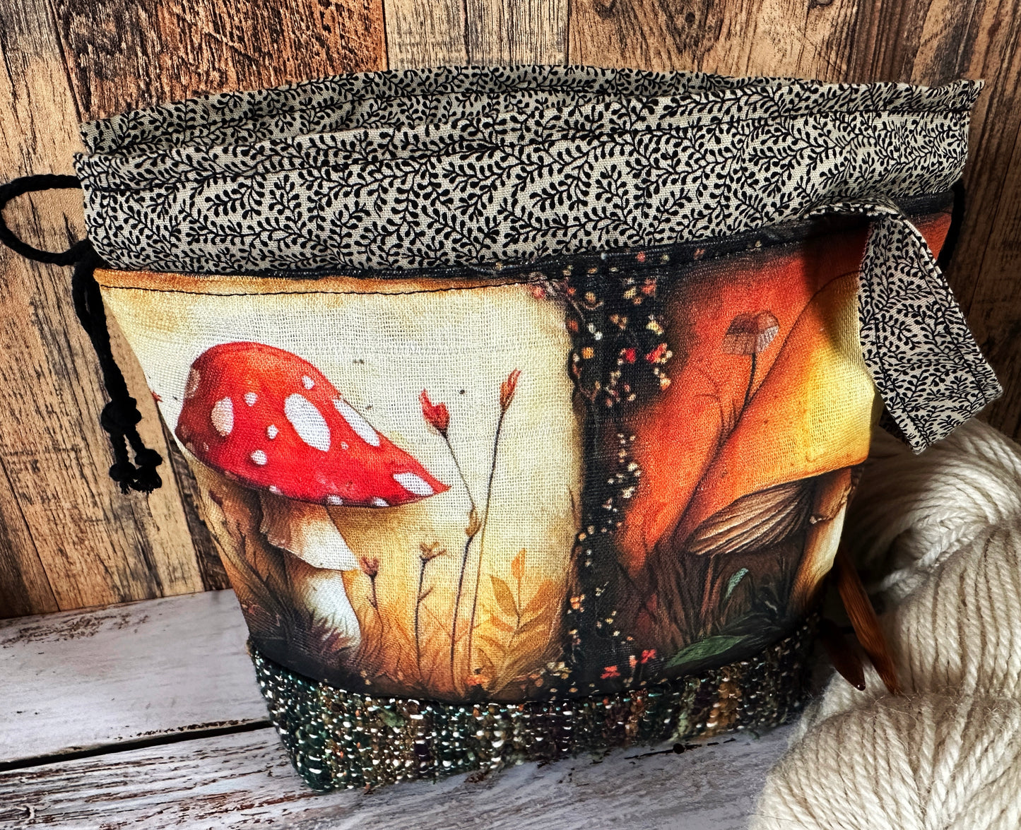 Toadstool Mushrooms with Handwoven Wool Small Project Bag