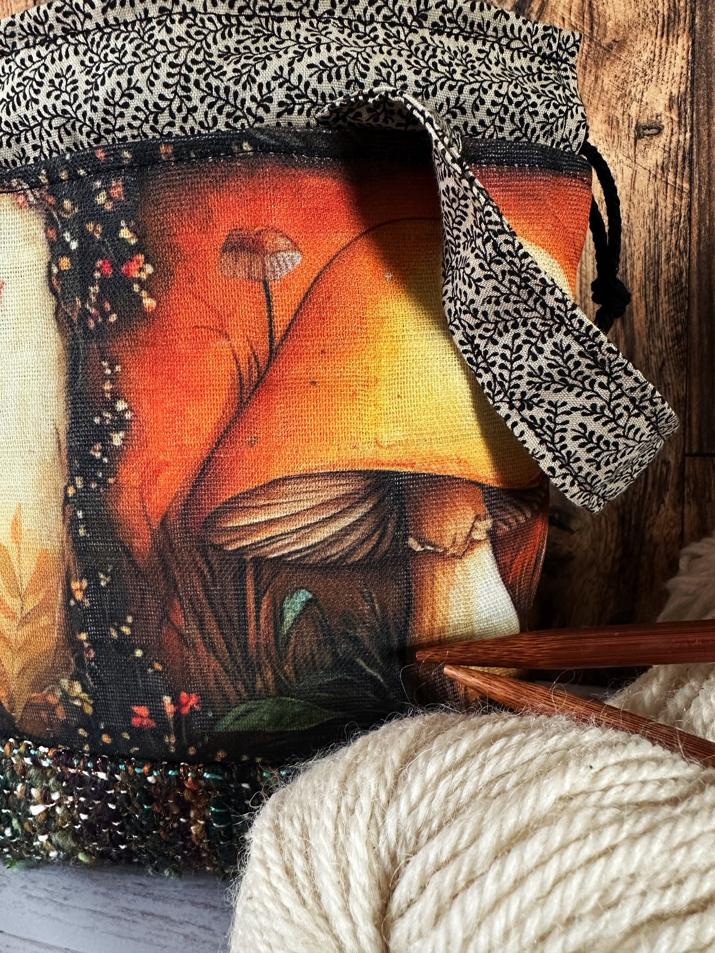 Toadstool Mushrooms with Handwoven Wool Small Project Bag