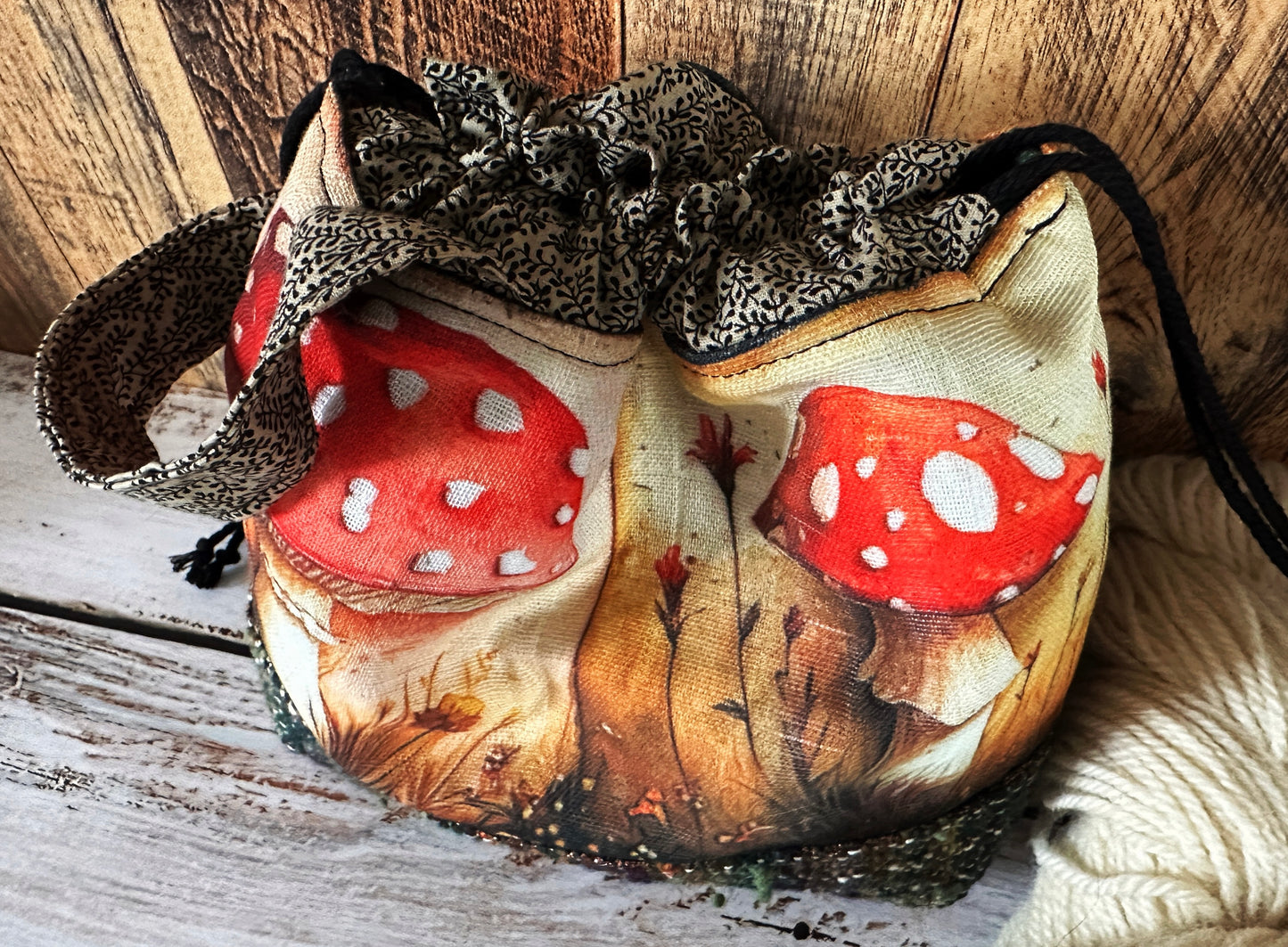 Toadstool Mushrooms with Handwoven Wool Small Project Bag