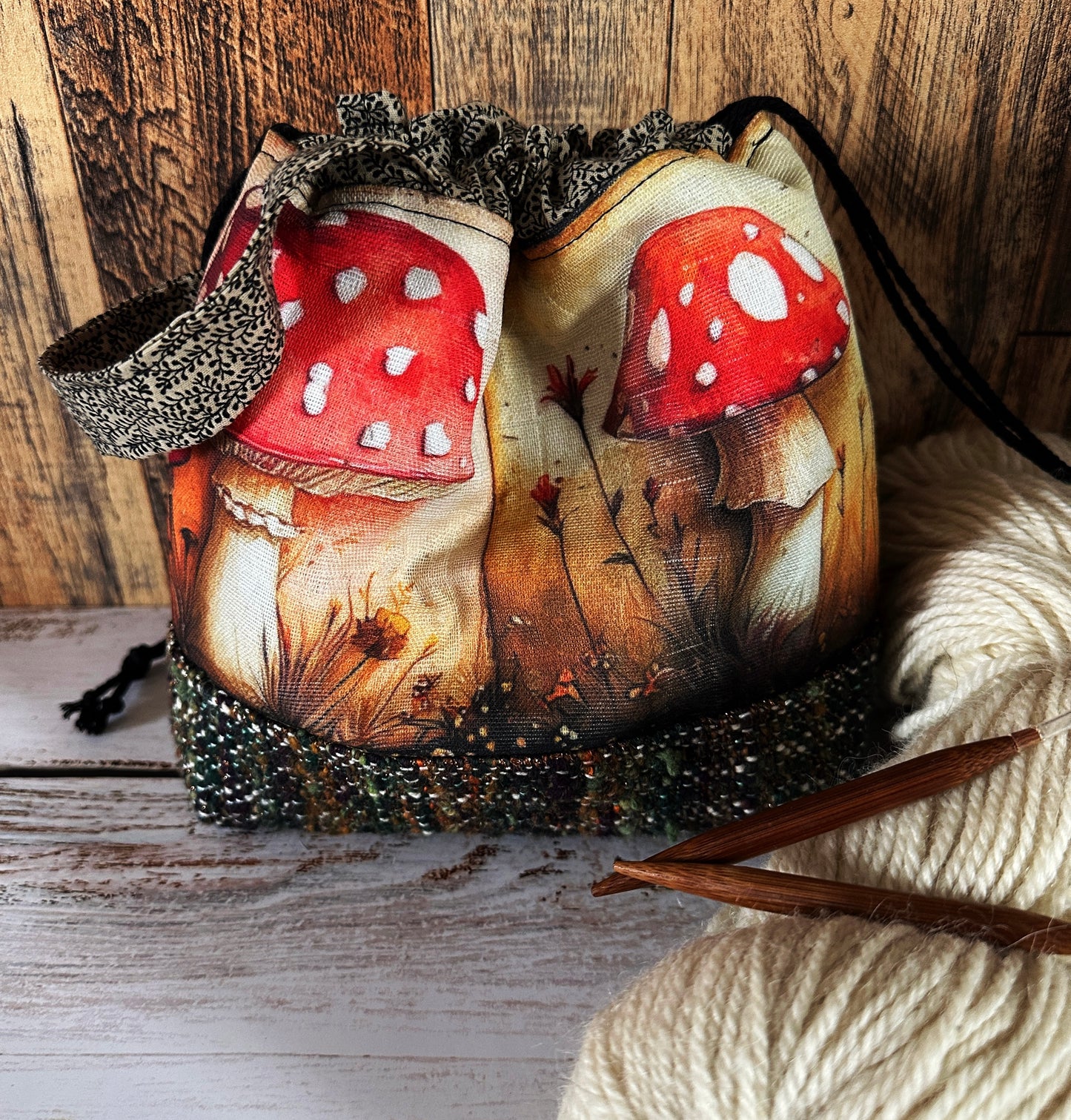 Toadstool Mushrooms with Handwoven Wool Small Project Bag