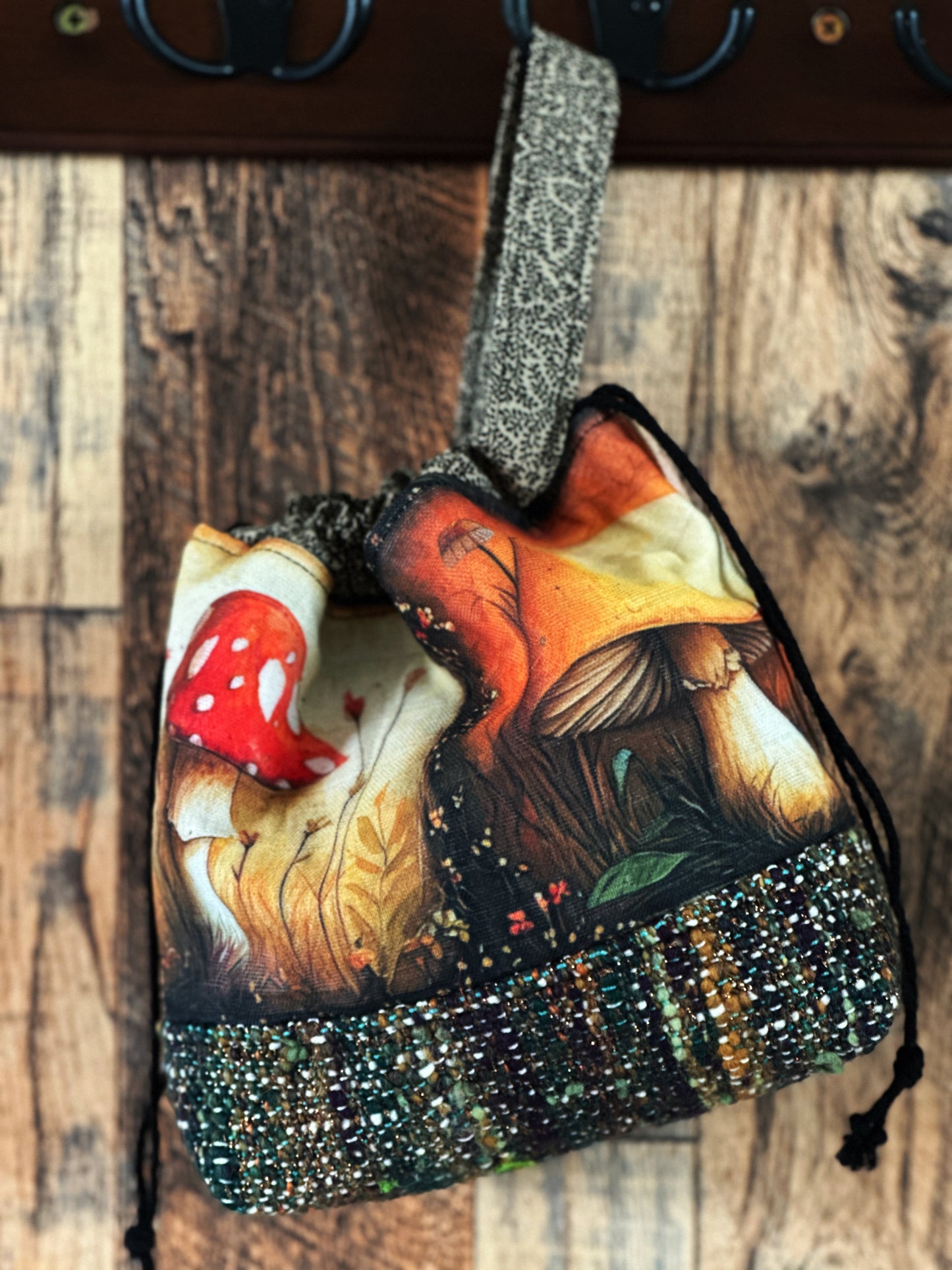 Toadstool Mushrooms with Handwoven Wool Small Project Bag