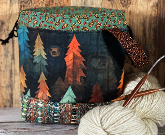 Bears in the Woods with Handwoven Wool Small Project Bag