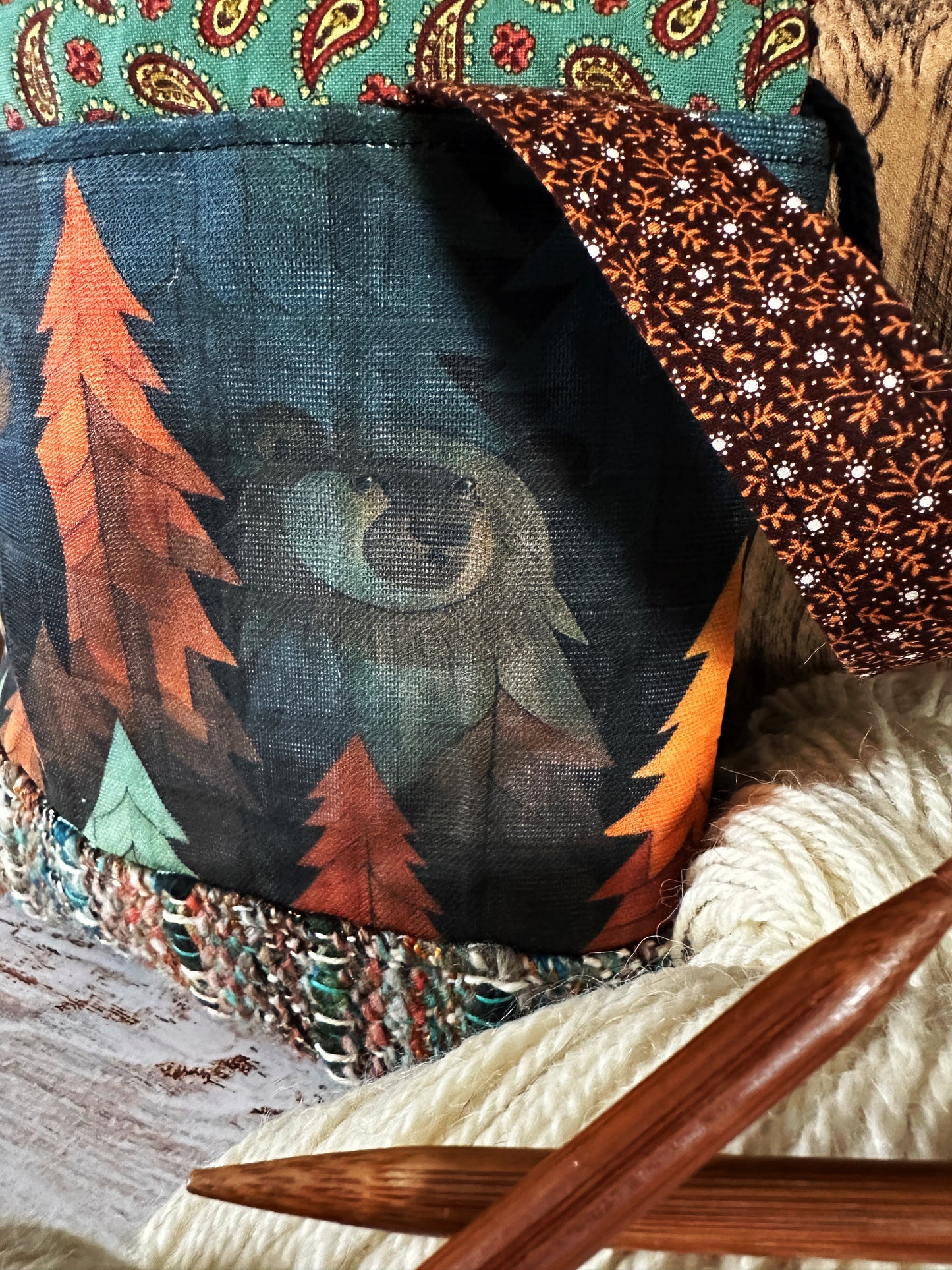 Bears in the Woods with Handwoven Wool Small Project Bag