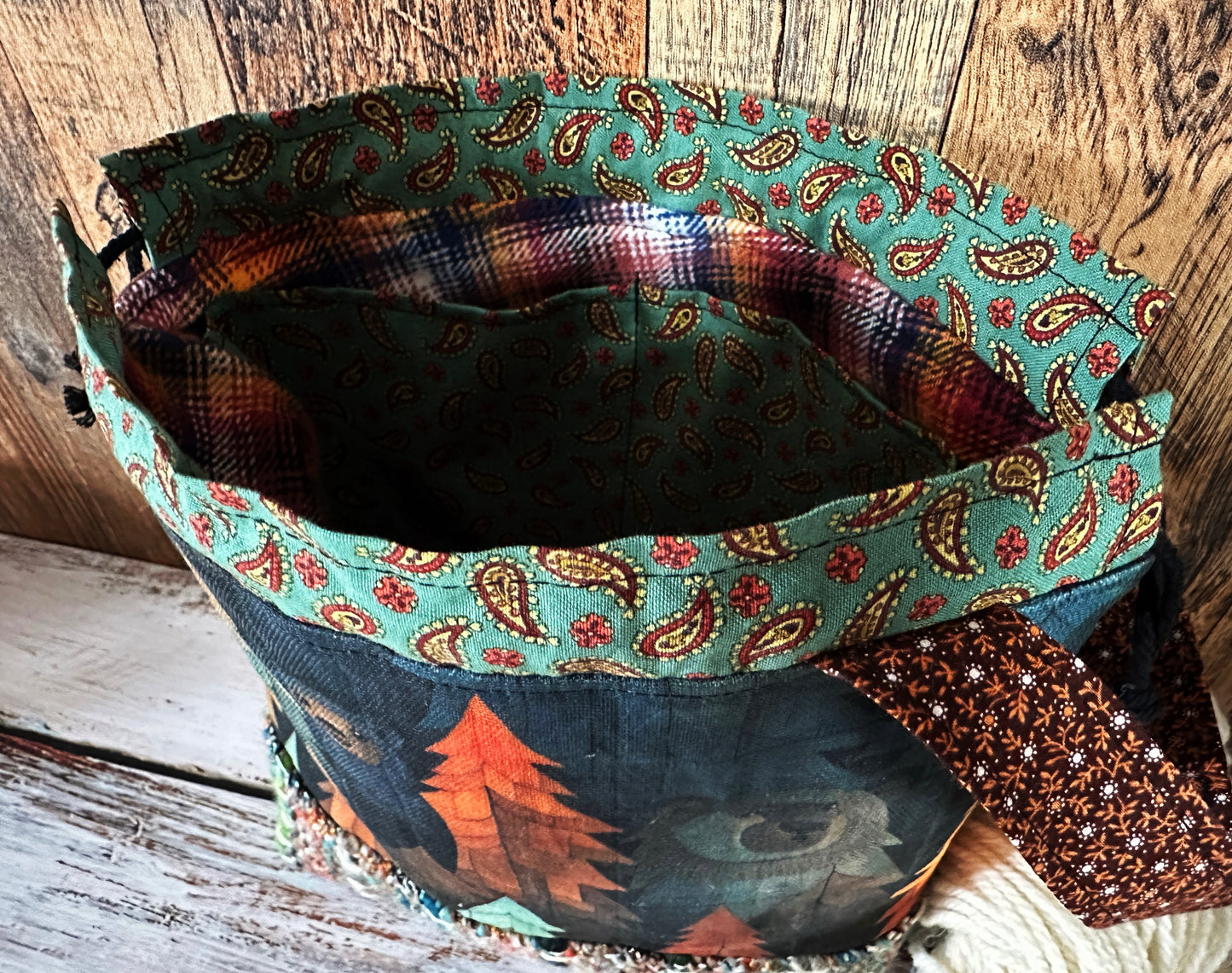 Bears in the Woods with Handwoven Wool Small Project Bag