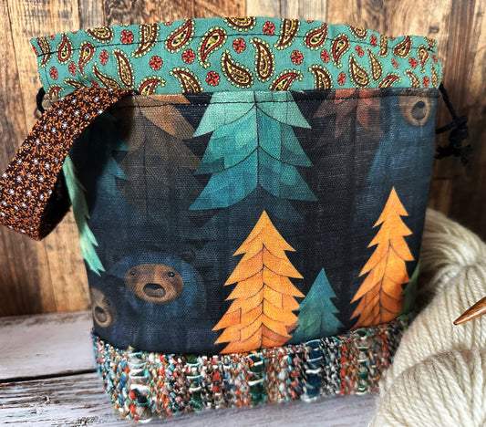 Bears in the Woods with Handwoven Wool Small Project Bag
