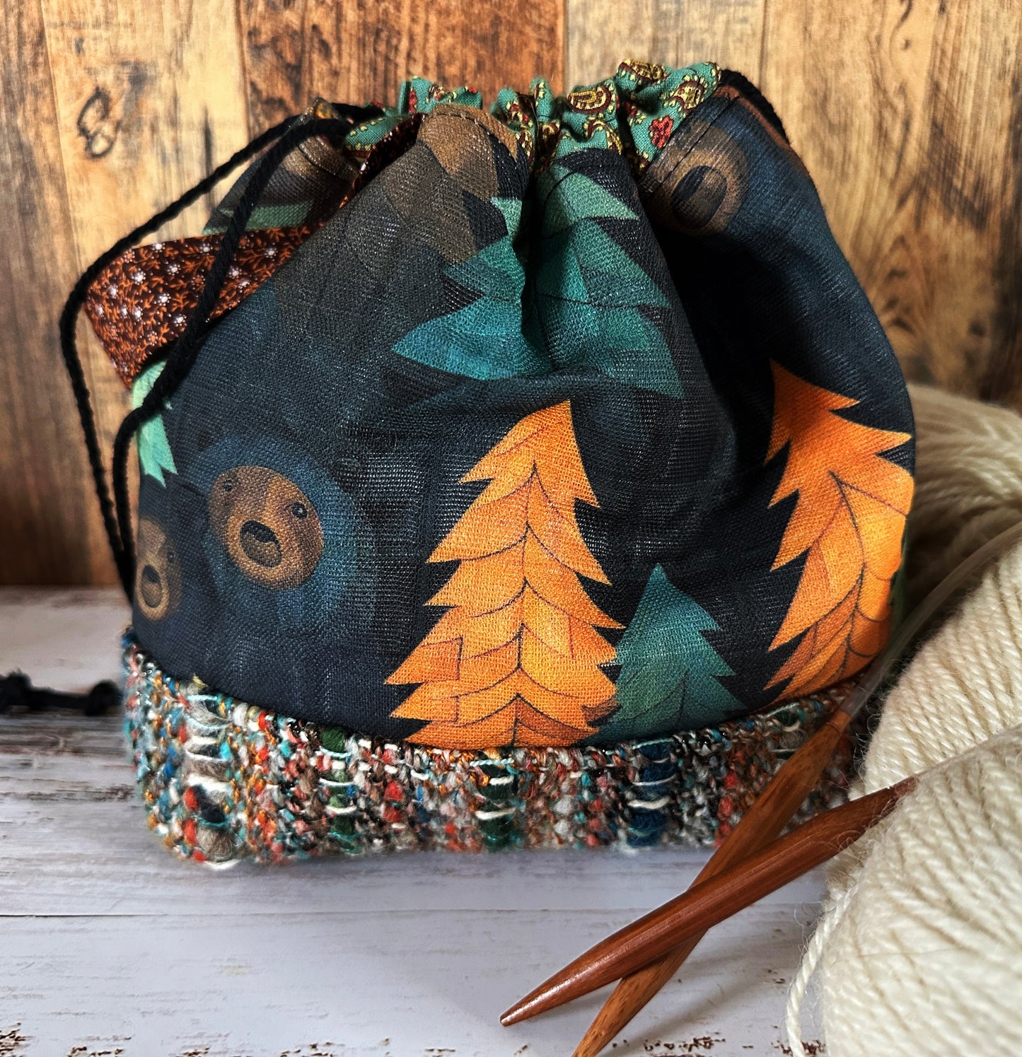 Bears in the Woods with Handwoven Wool Small Project Bag