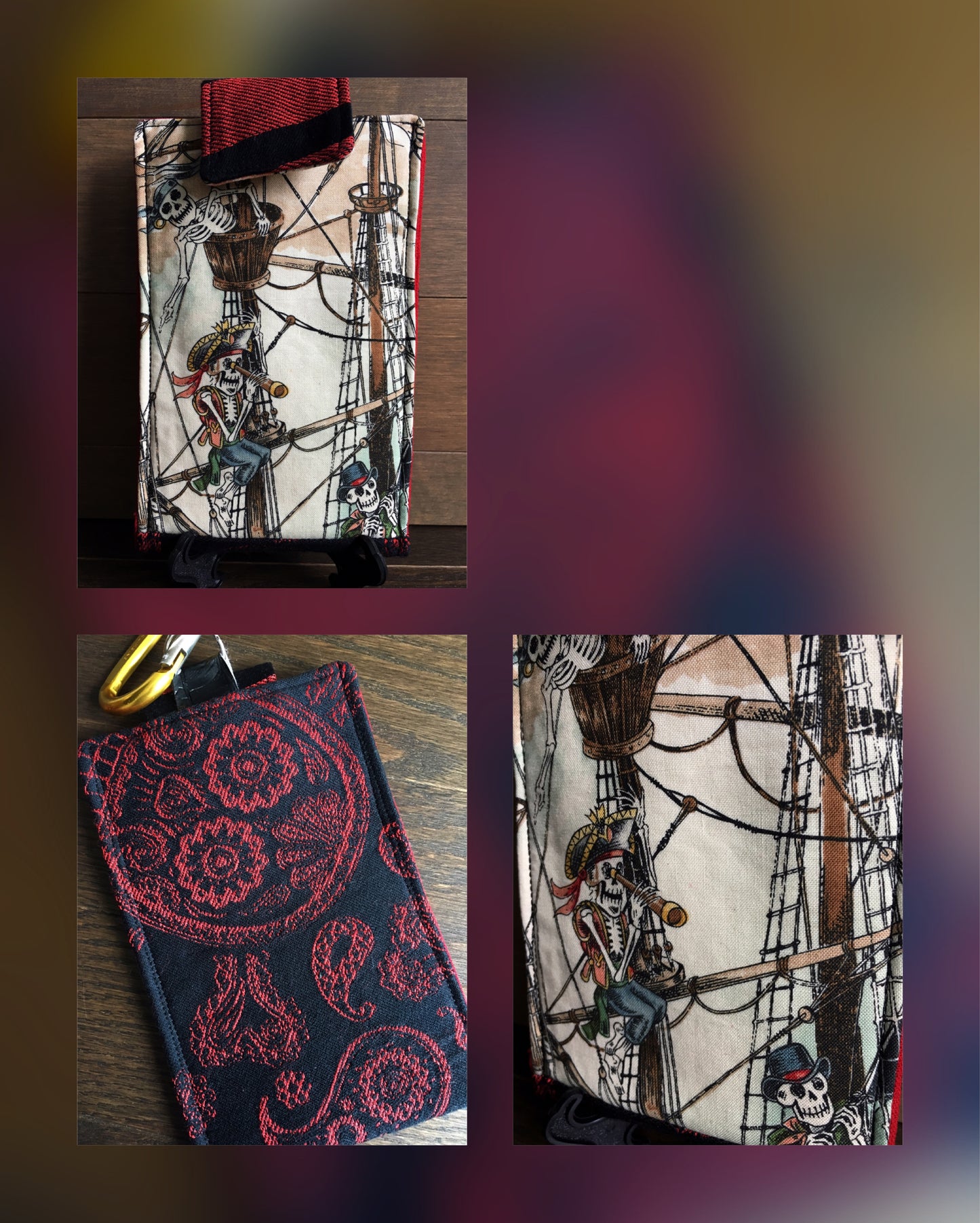 Image of a handmade and pirate themed phone pouch. It features skelewag fabric from Alexander Henry, bold red and black skull and crossbones woven jacquard fabric, an internal card pocket, and a belt or purse clip. 