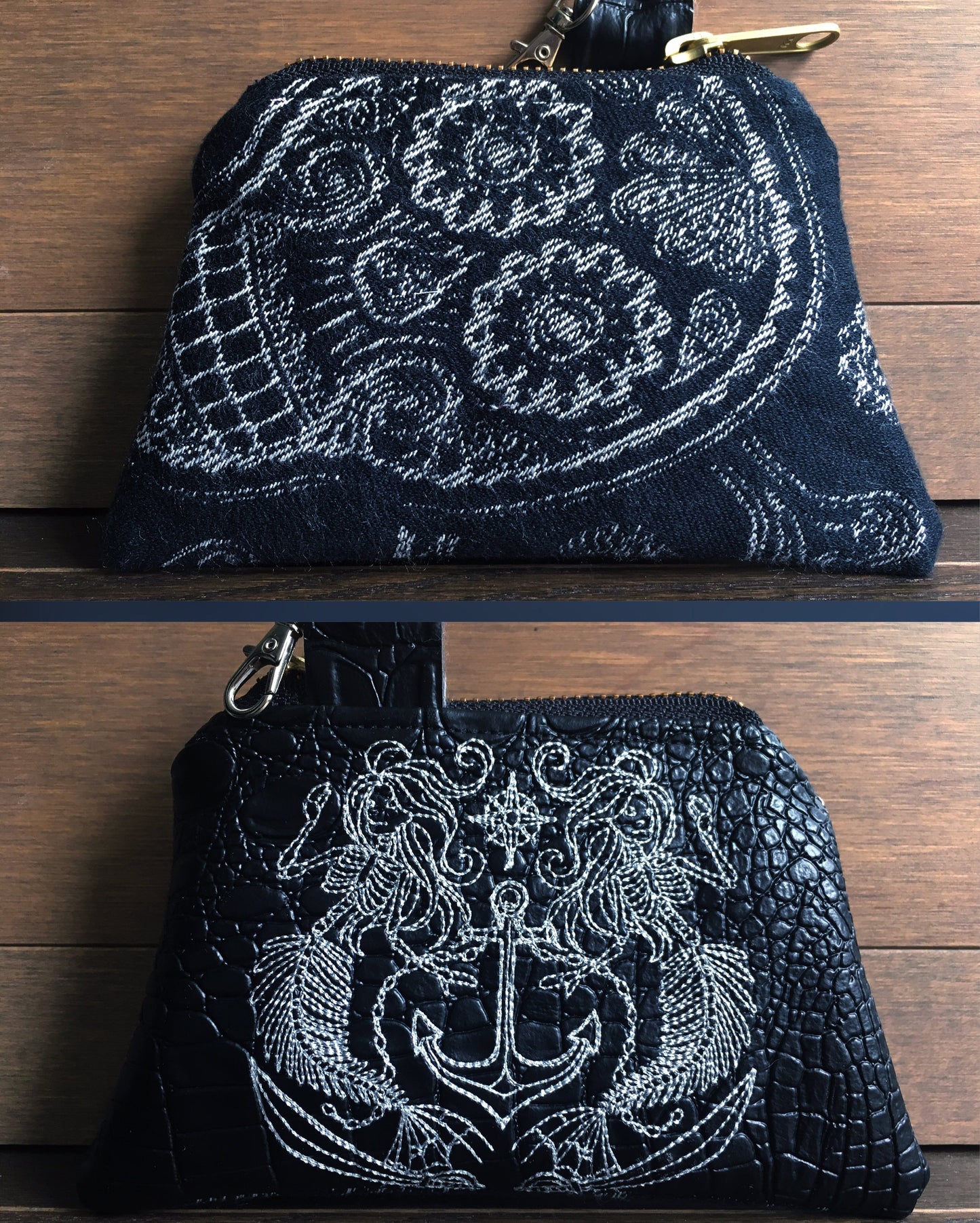 Image of a handmade and pirate themed coin purse featuring a pirate mermaid crest embroidered on faux black alligator leather and backed with beautiful black and white skull and crossbones woven wrap scrap fabric. 