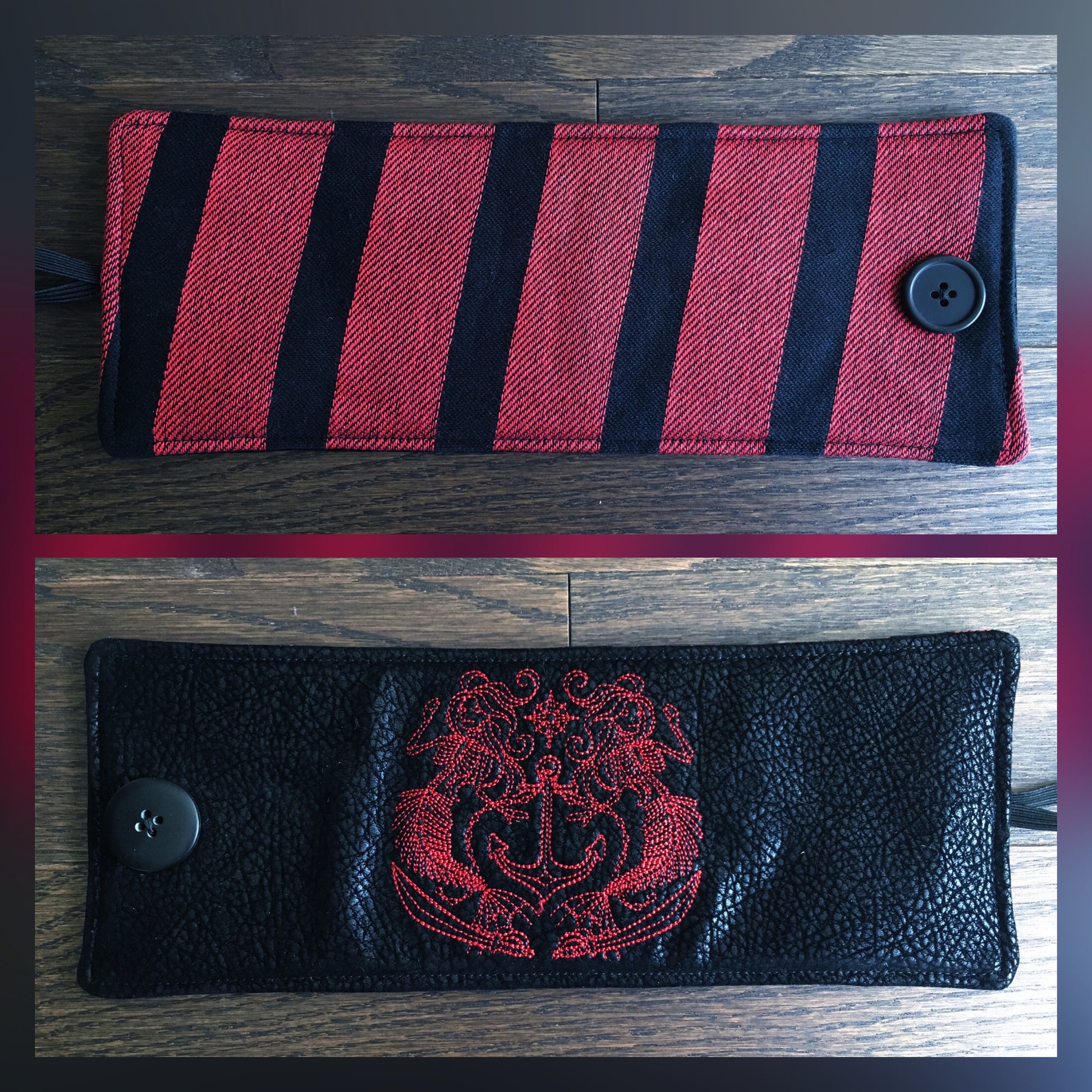 Image of a handmade and pirate themed mug or mason jar cozy. It features bold red and black woven jacquard stripes on one side and a red mermaid pirate crest embroidered on black faux alligator leather on the reverse. 