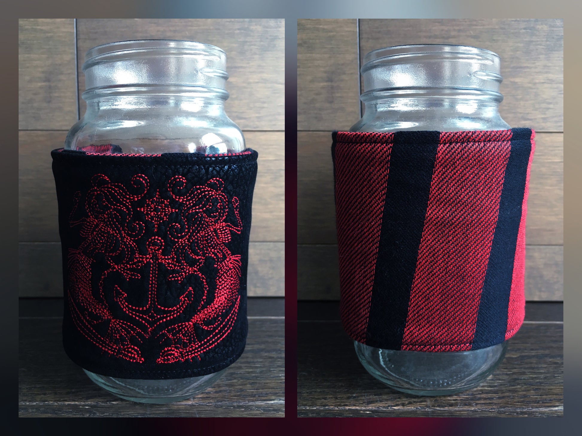 Image of a handmade and pirate themed mug or mason jar cozy. It features bold red and black woven jacquard stripes on one side and a red mermaid pirate crest embroidered on black faux alligator leather on the reverse. 