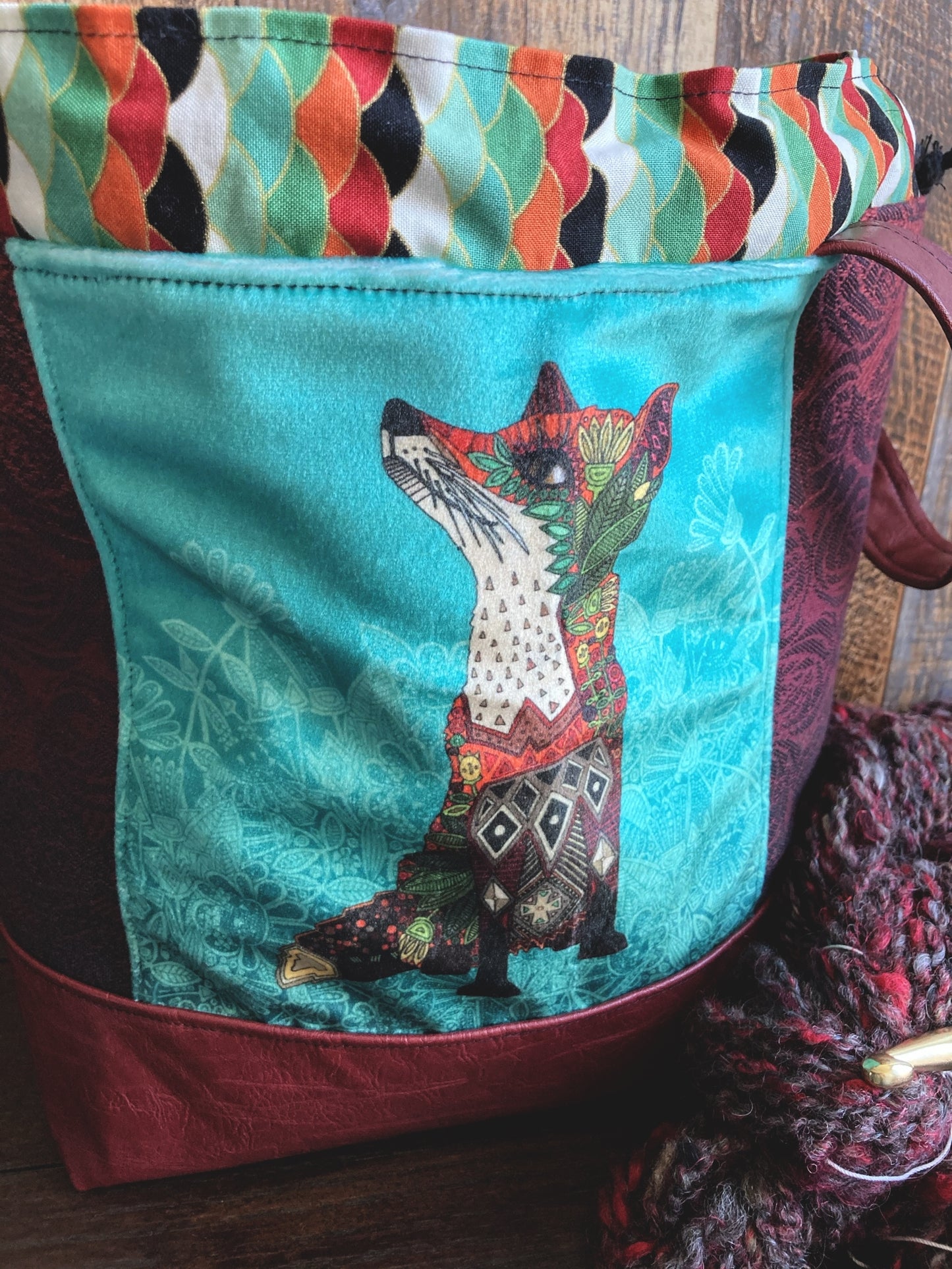Boho Foxes in Burgundy Roses Large Project Bag
