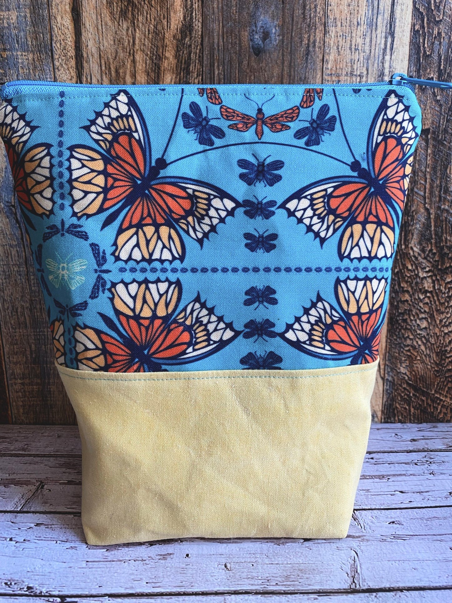 Beautiful Butterflies Waxed Canvas and Linen Large Zipper Bag