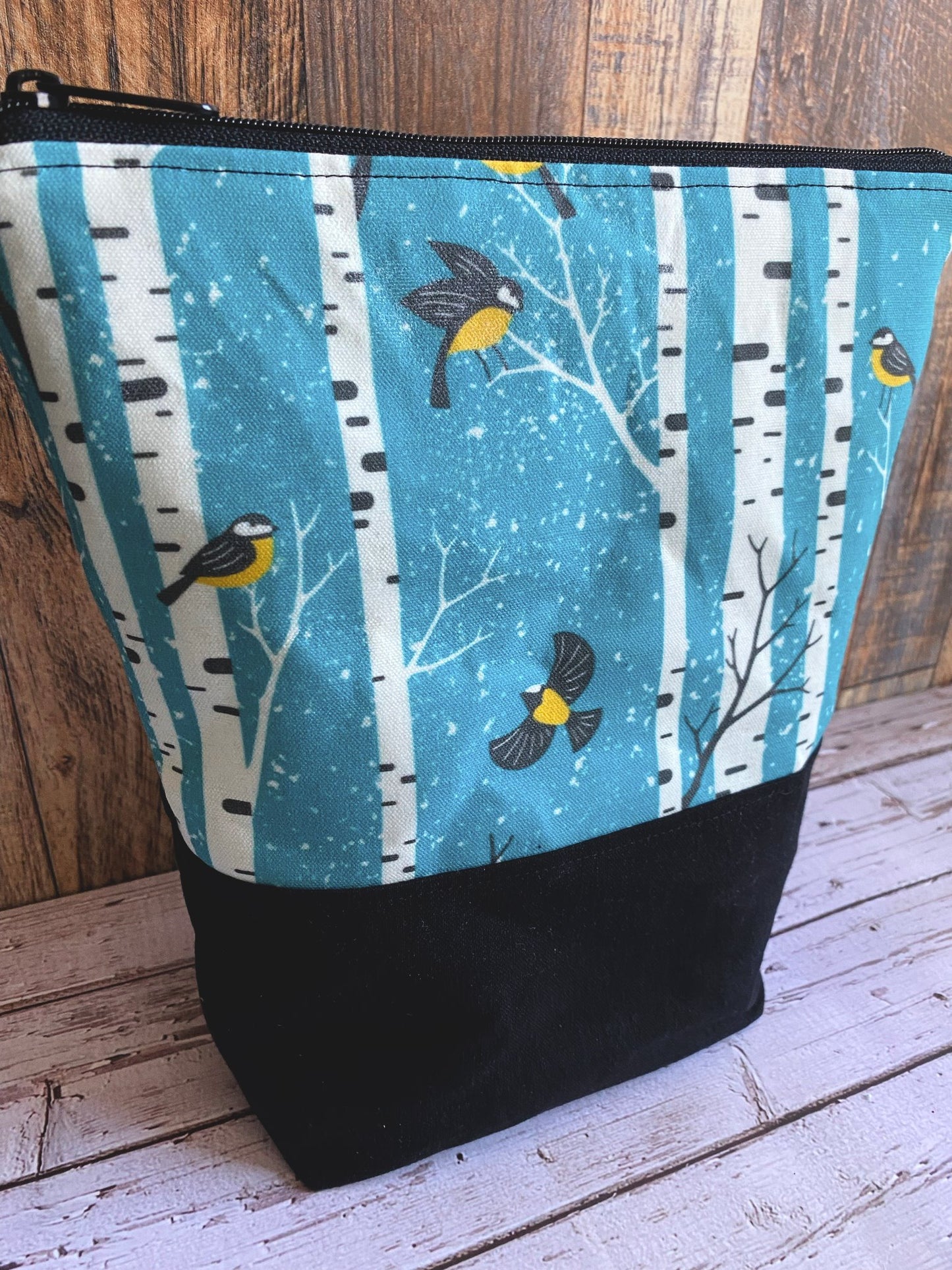 Birches and Birds Waxed Canvas and Linen Large Zipper Bag