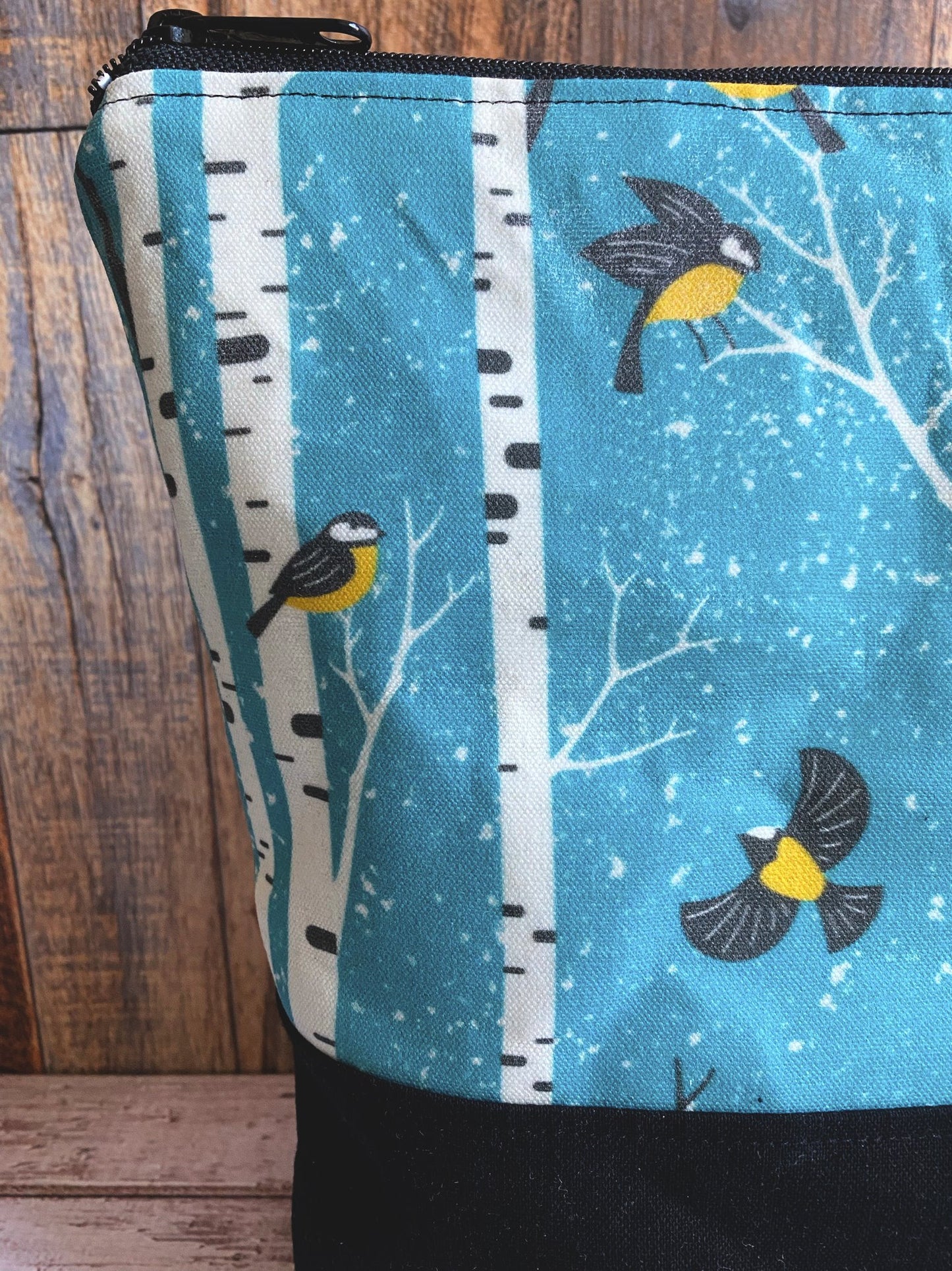 Birches and Birds Waxed Canvas and Linen Large Zipper Bag
