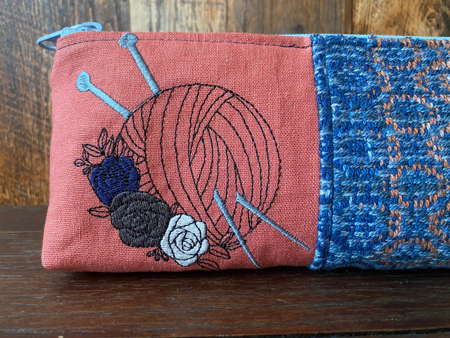 Coral and Denim Knitting Arts Long and Lean Zipper Bag