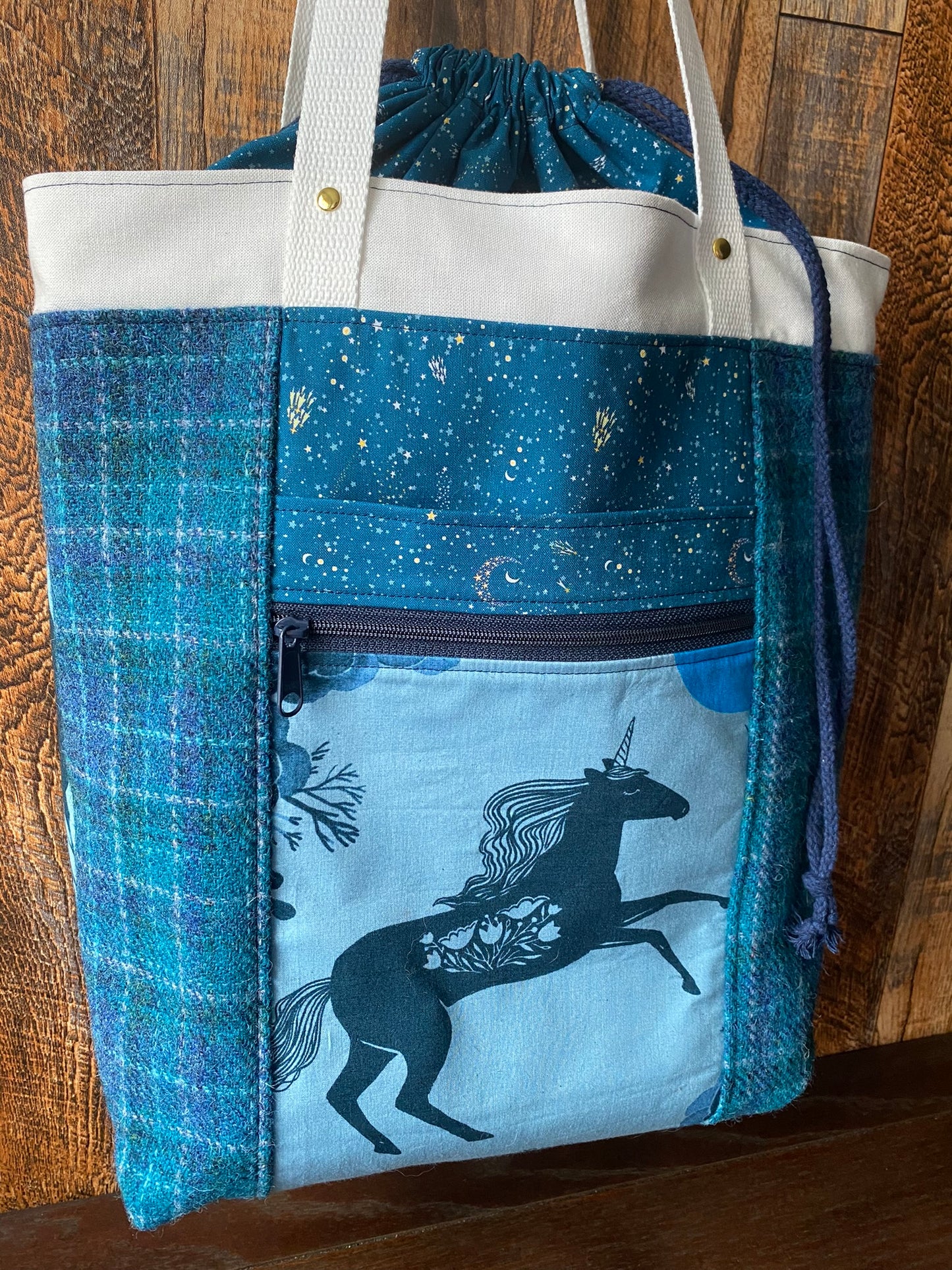 Harris Tweed and Unicorn/Sewing Machine Large Firefly Project Bag