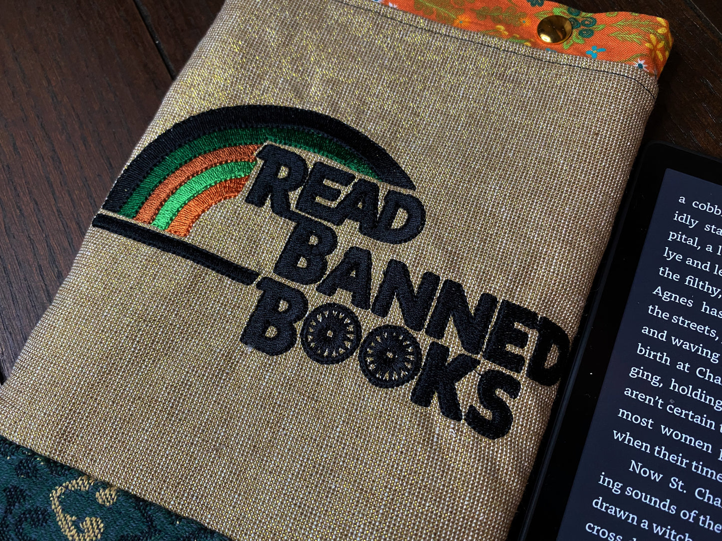 Green and Gold Read Banned Books E-Reader Sleeve with Easy Magnetic Snap Closure