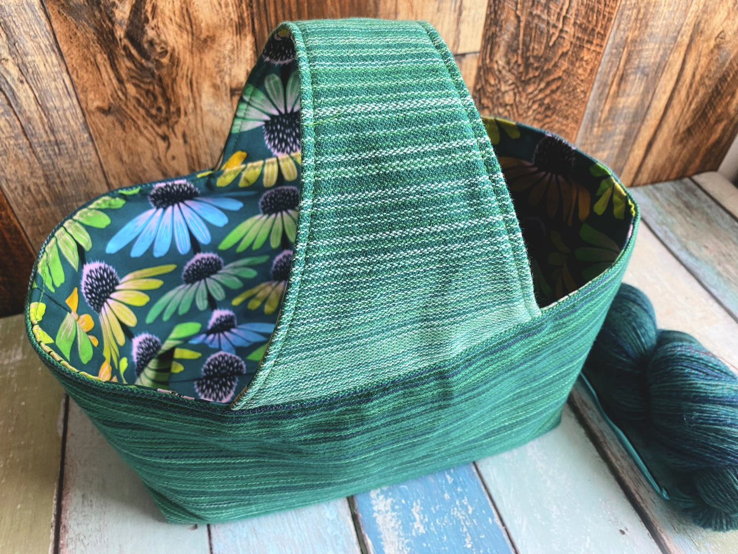 Green Woven and Colorful Coneflowers Medium Basket Bag