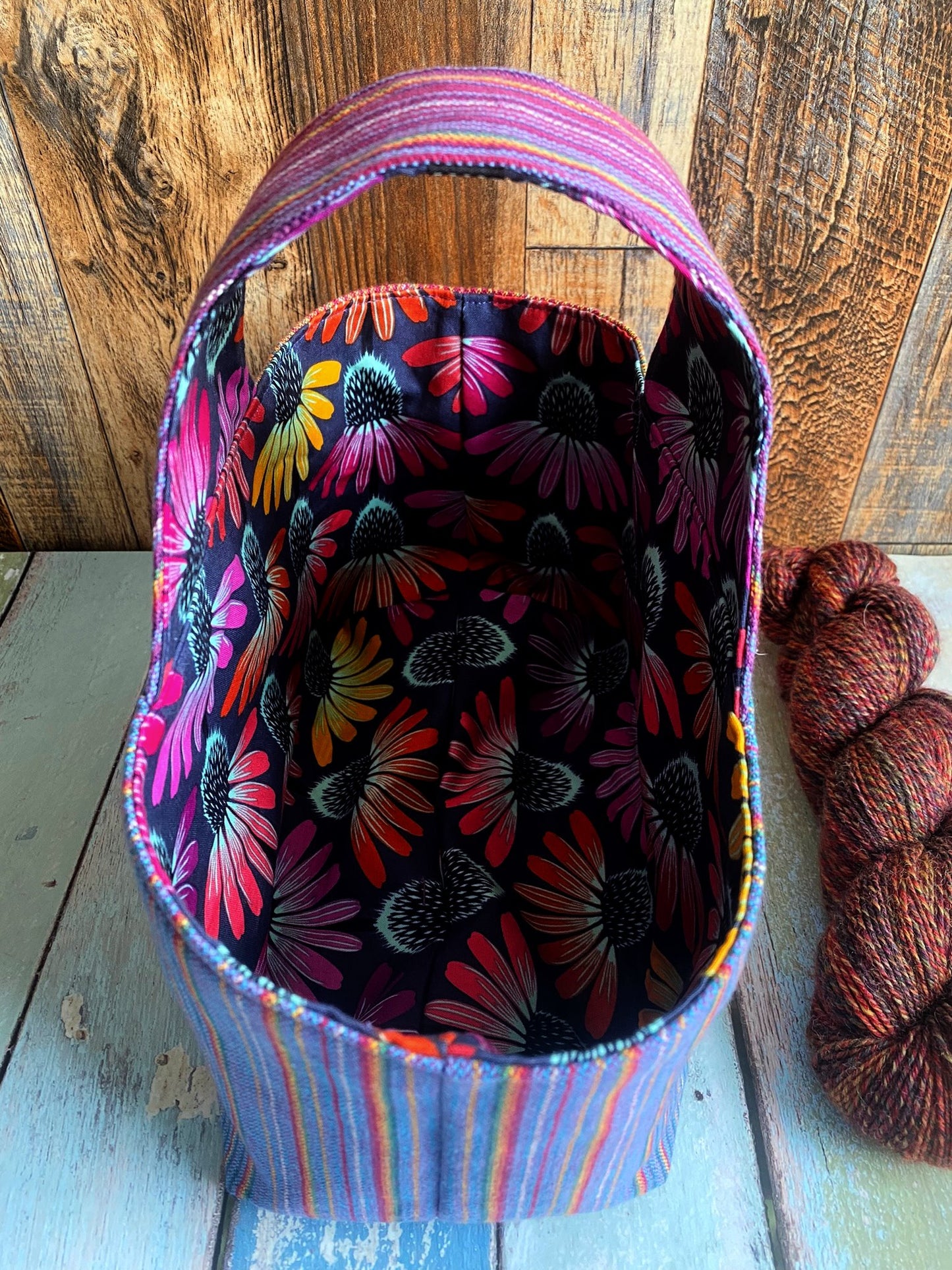 Dark Rainbow Woven and Colorful Coneflowers Medium Basket Bag
