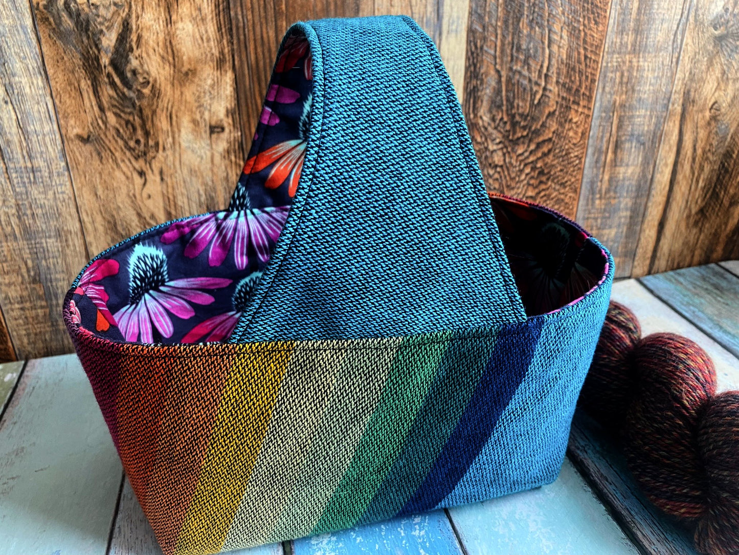 Dark Rainbow Woven and Colorful Coneflowers Small Basket Bag