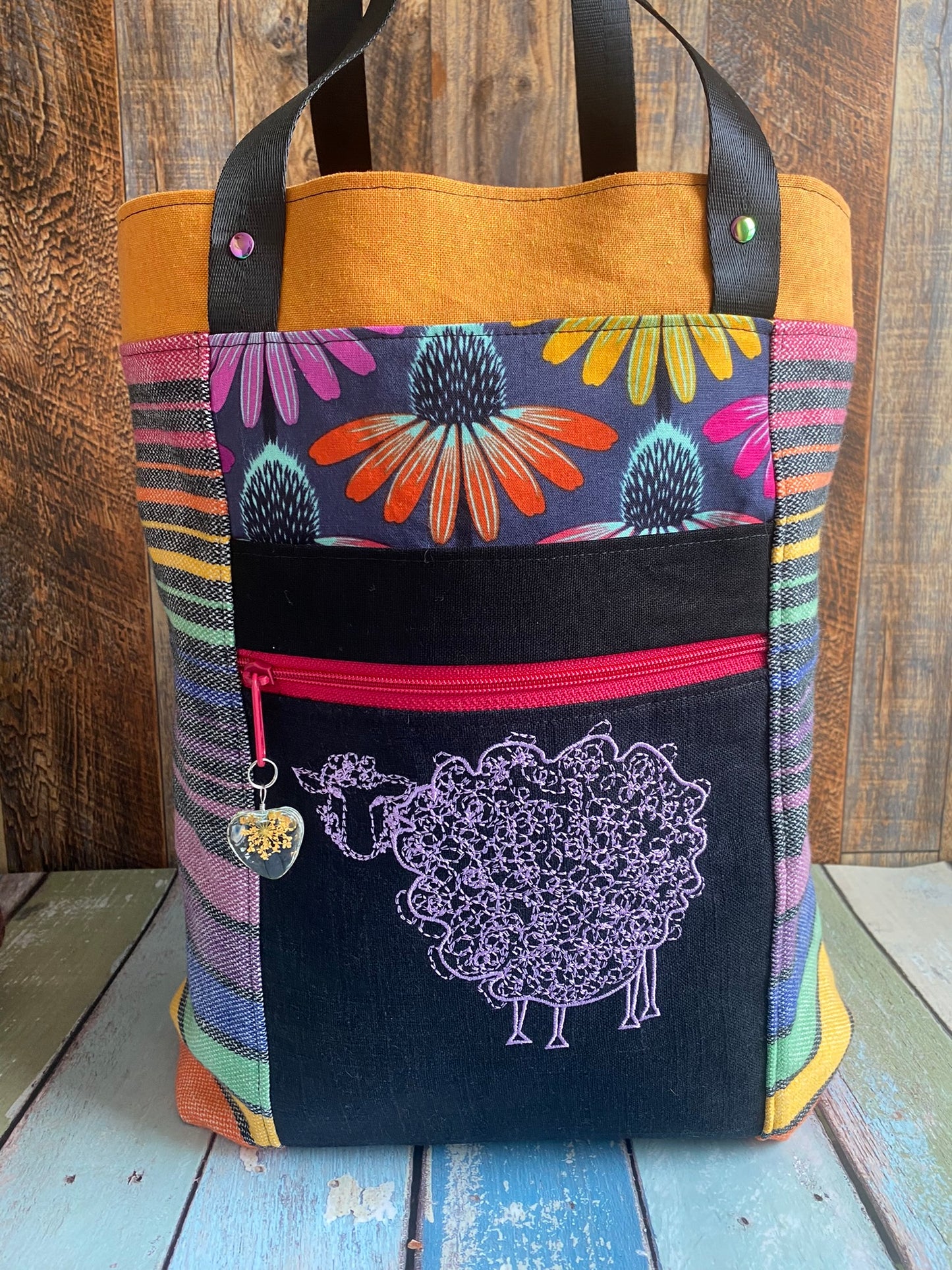 Curly Sheep and Coneflowers Large Firefly Project Bag