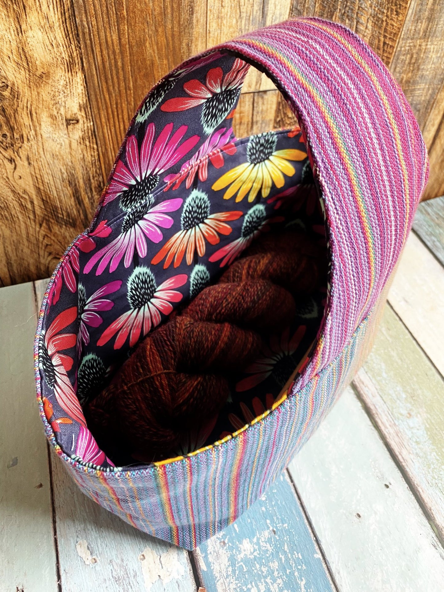 Dark Rainbow Woven and Colorful Coneflowers Medium Basket Bag