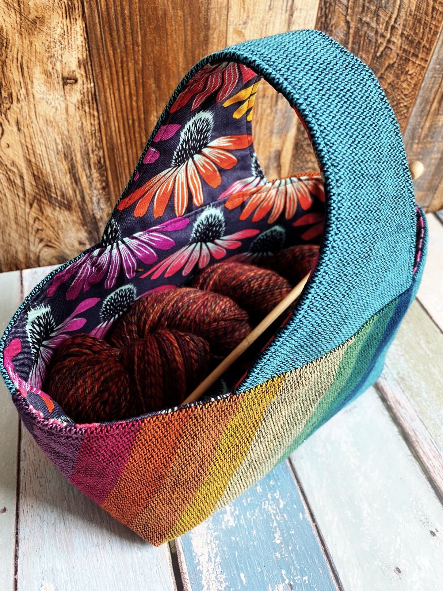 Dark Rainbow Woven and Colorful Coneflowers Small Basket Bag