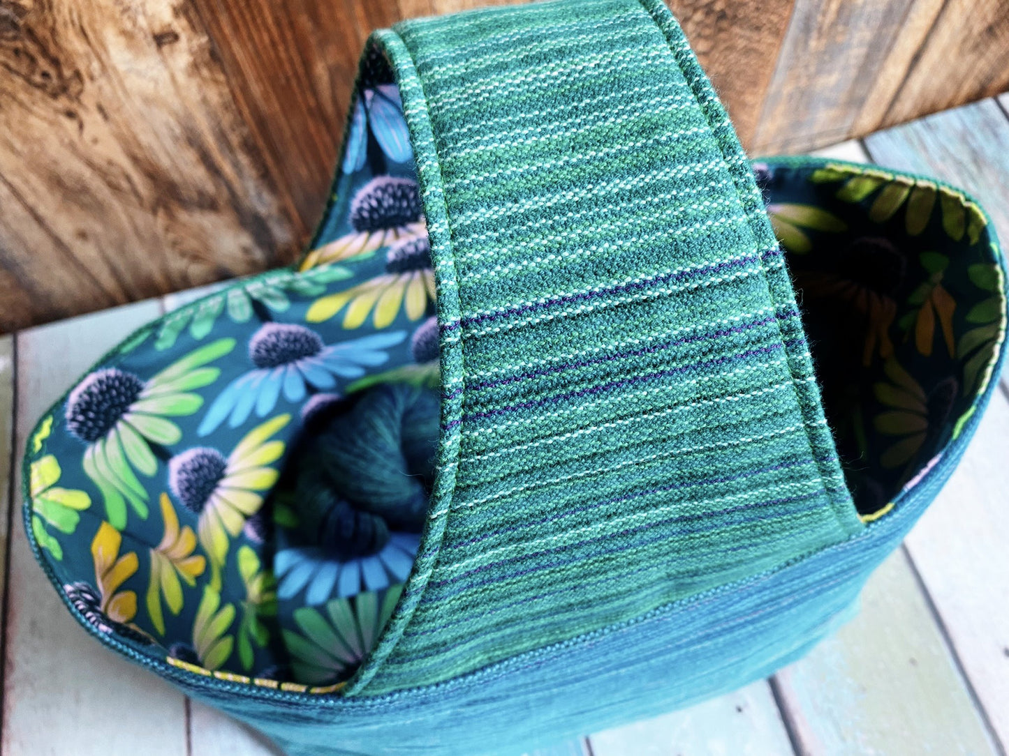 Green Woven and Colorful Coneflowers Medium Basket Bag