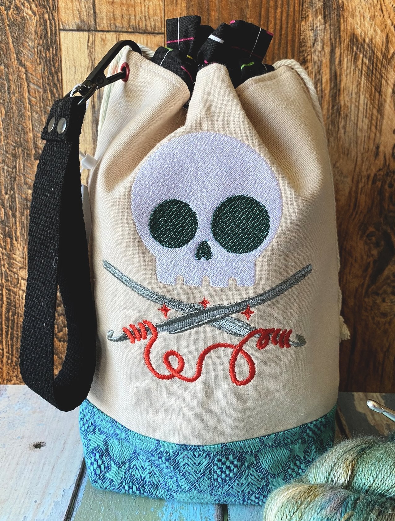 Crochet Forever & Skull Embroidery Drawstring Bag