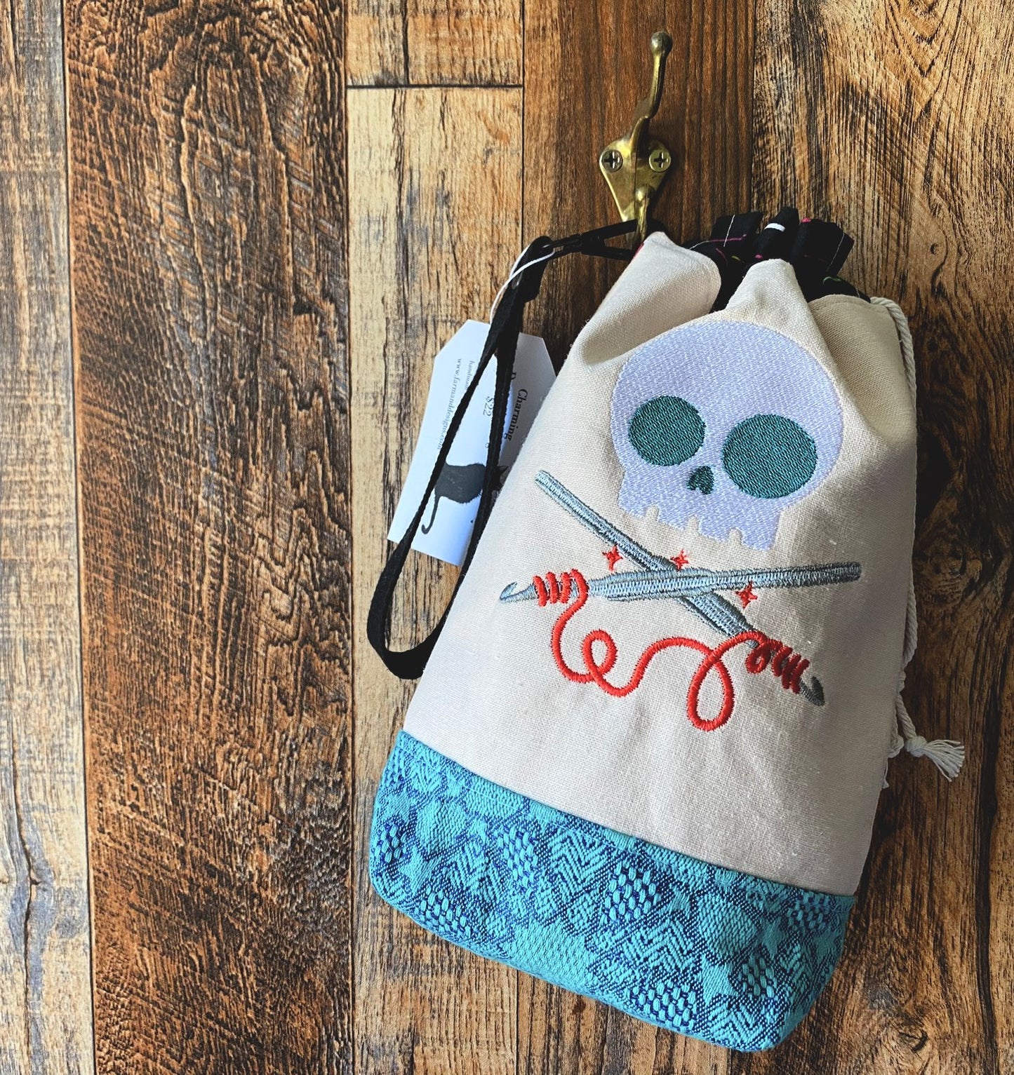 Crochet Forever & Skull Embroidery Drawstring Bag