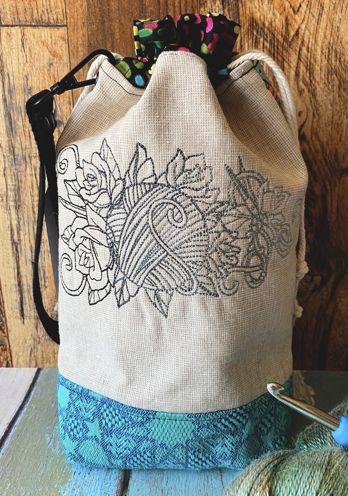 Crochet Forever and Sleeve Embroidery Drawstring Bag