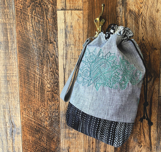 Crochet Takes Balls and Sleeve Embroidery Drawstring Bag