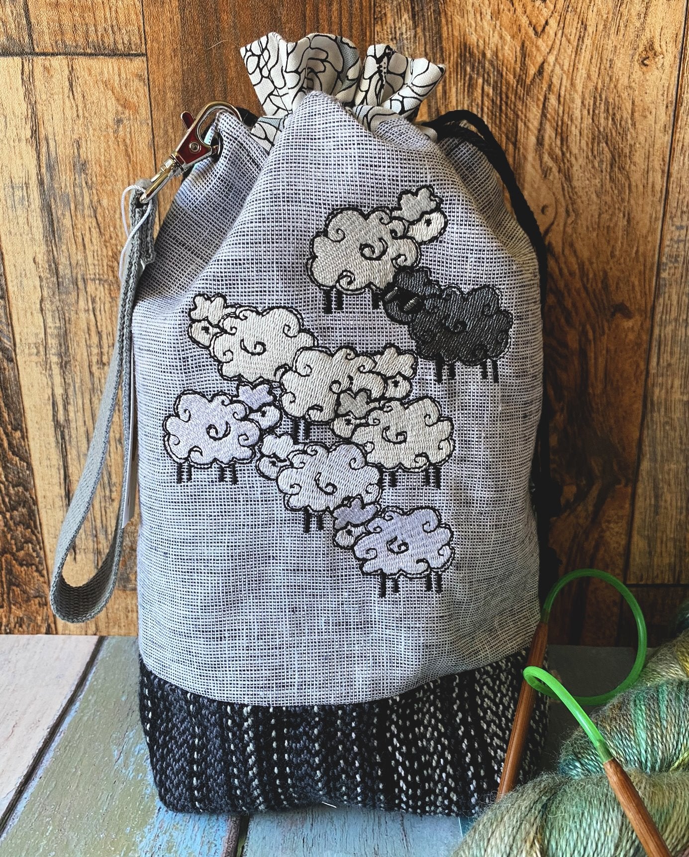 Knitting Takes Balls and Sheep Embroidery Drawstring Bag