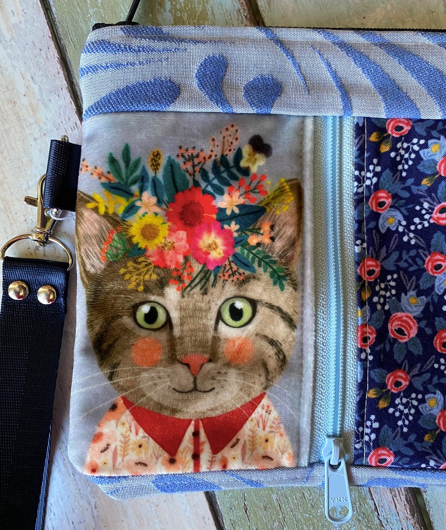 Cat and Flowers Double Pocket Zipper Clutch Bag