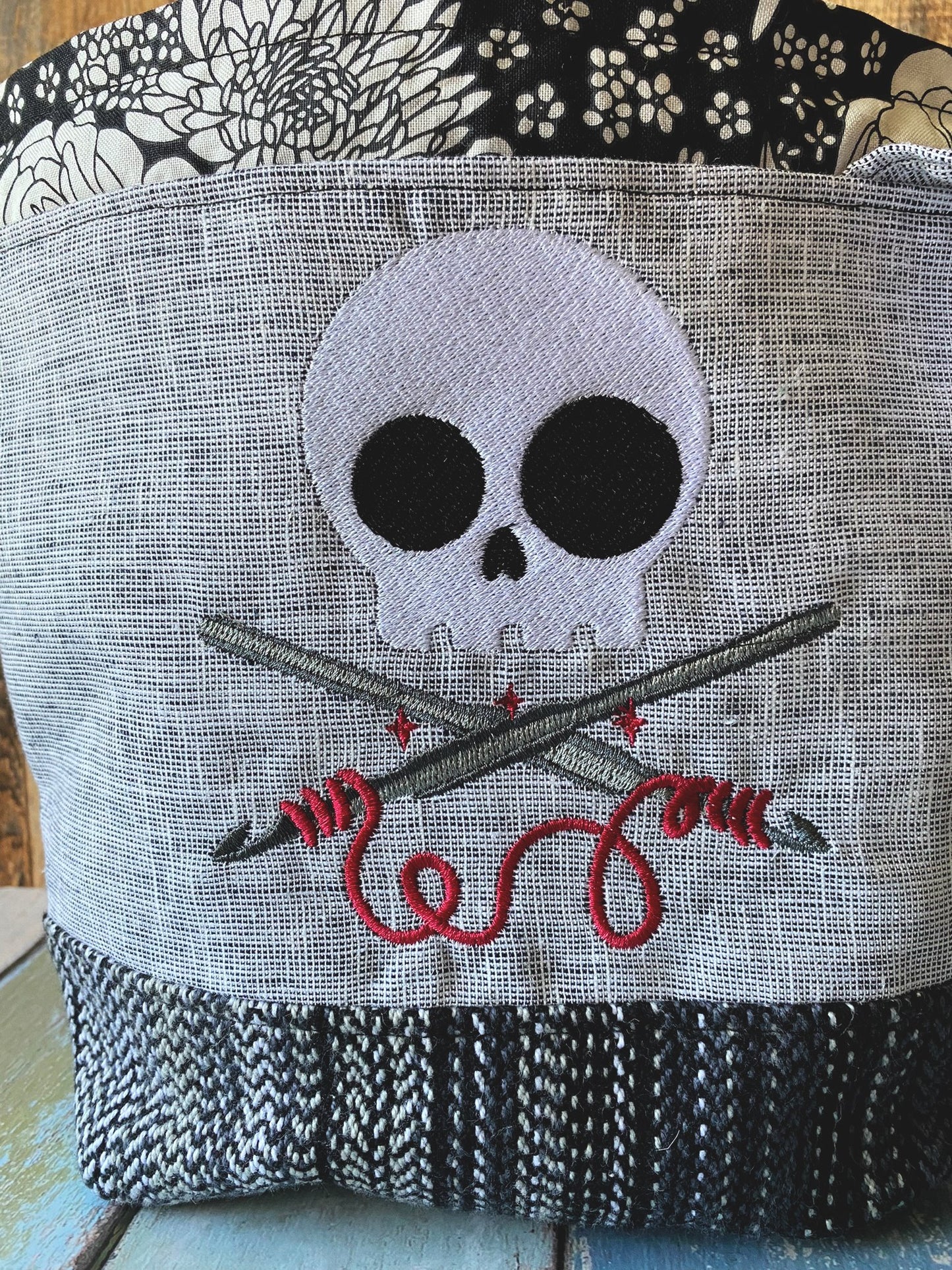 Crochet Takes Balls and Skull Embroidery Small Project Bag