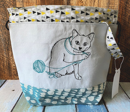 Knitting Cats and Minimalist Cat Embroidery Medium Project Bag